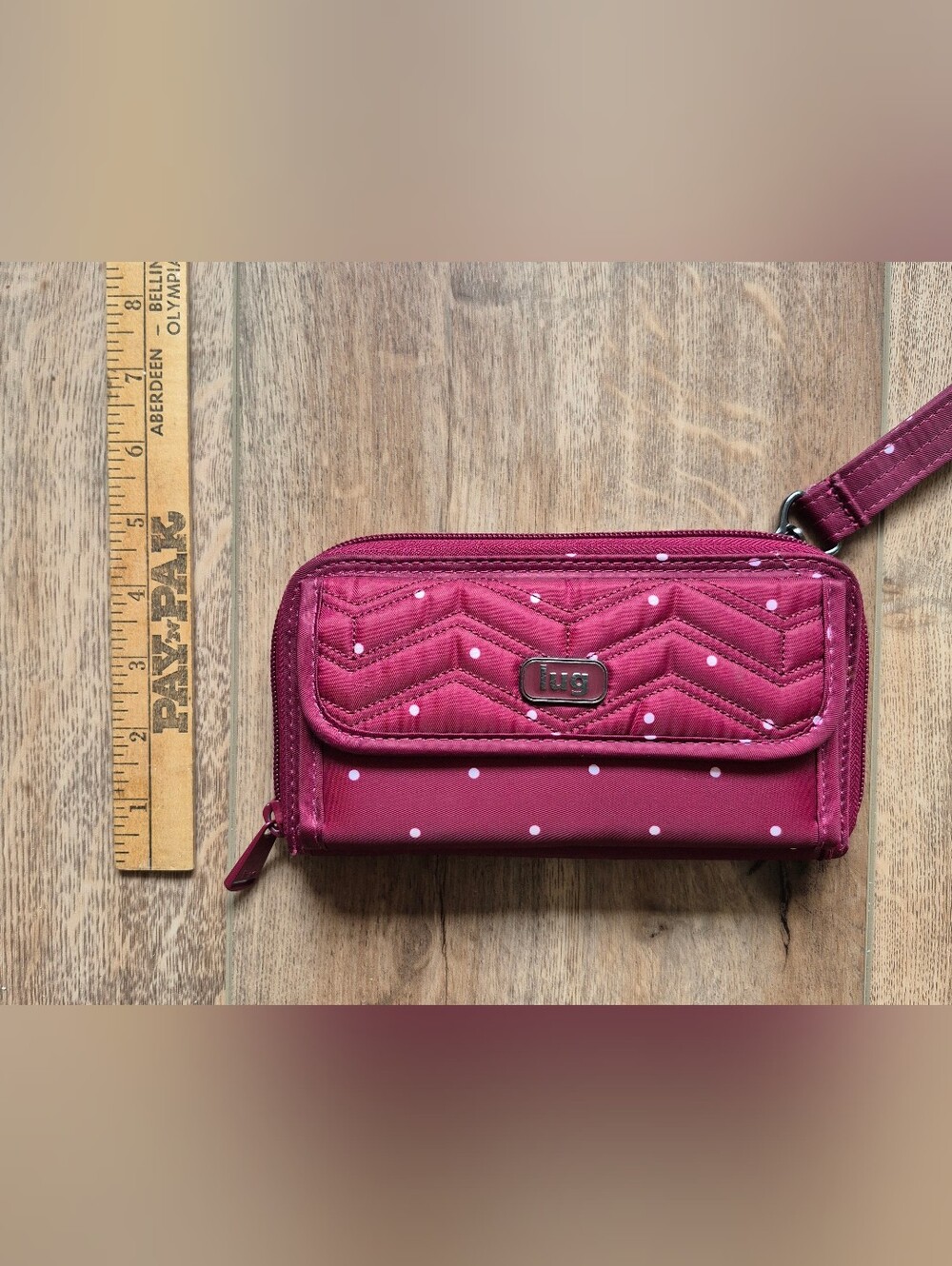 lug Kickflip Women's Quilted Wristlet Wallet in Raspberry Polka Dot RFID - Picture 5 of 8